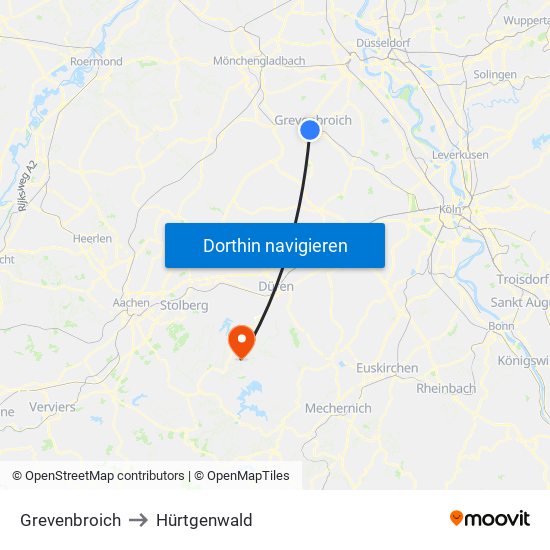 Grevenbroich to Hürtgenwald map