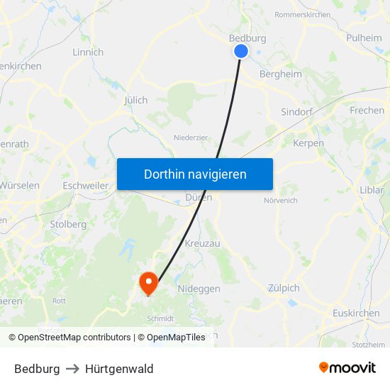 Bedburg to Hürtgenwald map