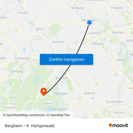 Bergheim to Hürtgenwald map