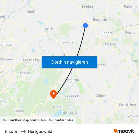 Elsdorf to Hürtgenwald map