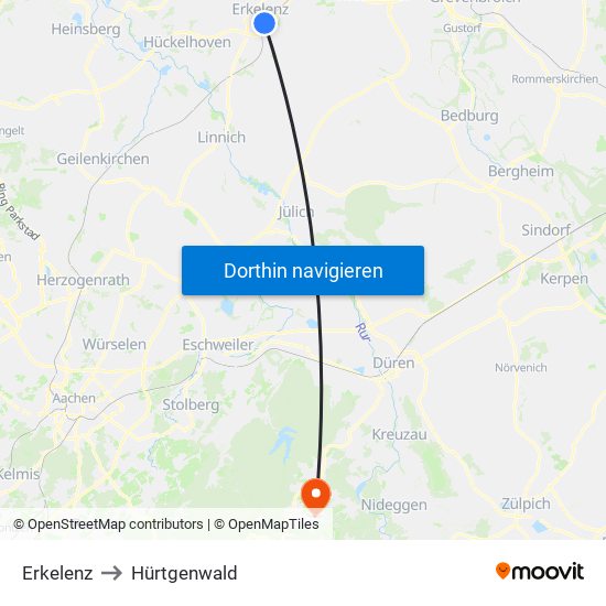 Erkelenz to Hürtgenwald map