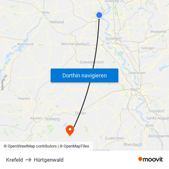 Krefeld to Hürtgenwald map