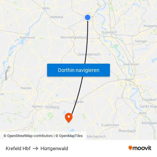 Krefeld Hbf to Hürtgenwald map