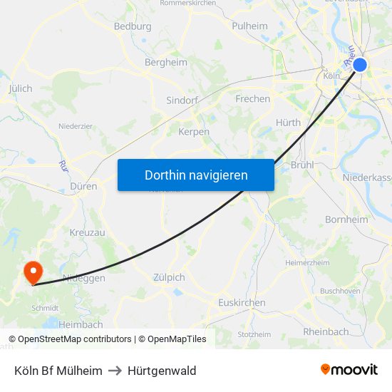 Köln Bf Mülheim to Hürtgenwald map