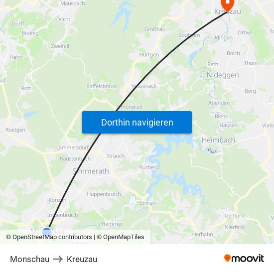 Monschau to Kreuzau map