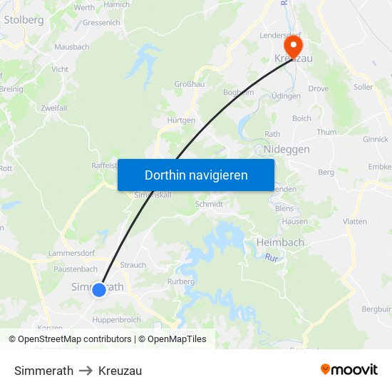 Simmerath to Kreuzau map