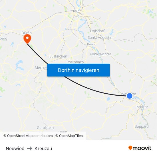 Neuwied to Kreuzau map