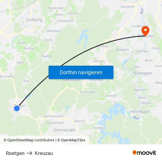 Roetgen to Kreuzau map