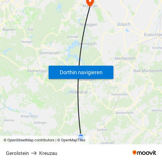 Gerolstein to Kreuzau map