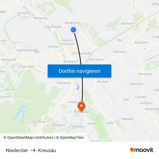 Niederzier to Kreuzau map