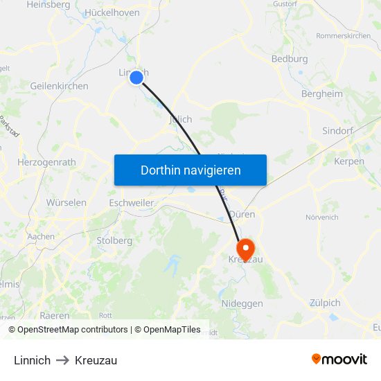 Linnich to Kreuzau map