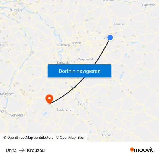 Unna to Kreuzau map