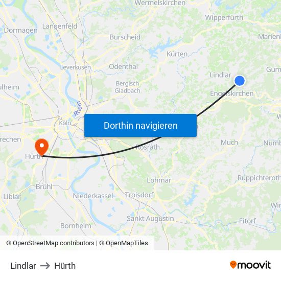 Lindlar to Hürth map