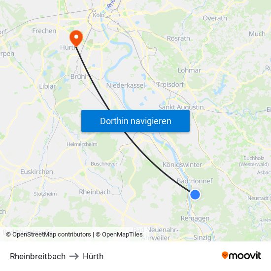Rheinbreitbach to Hürth map