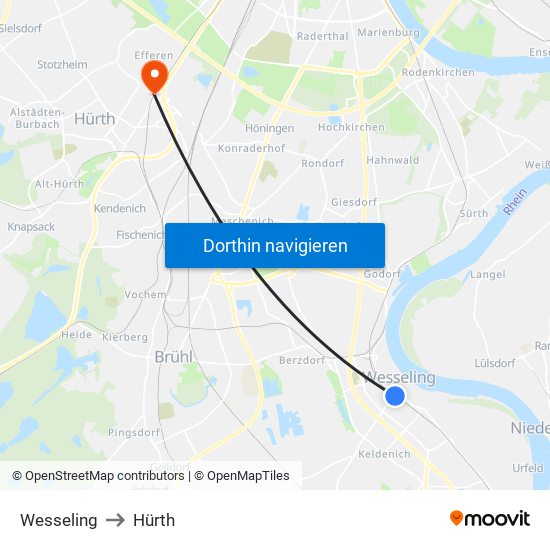Wesseling to Hürth map