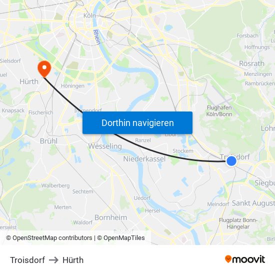 Troisdorf to Hürth map