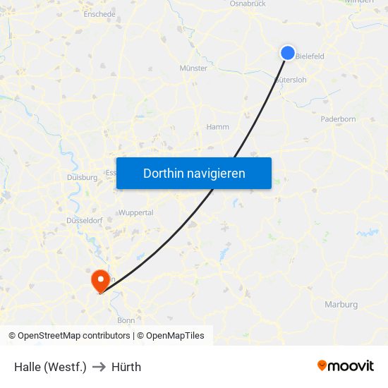 Halle (Westf.) to Hürth map