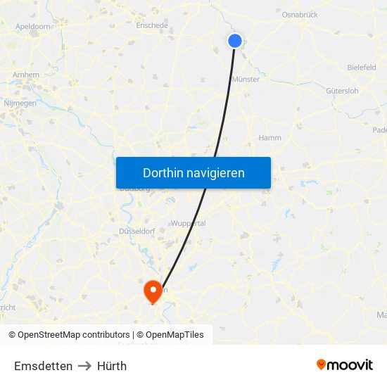 Emsdetten to Hürth map