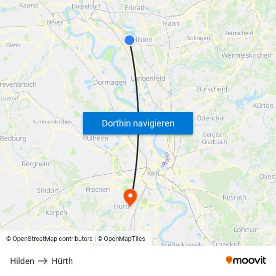 Hilden to Hürth map