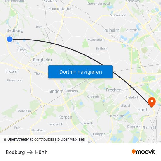 Bedburg to Hürth map