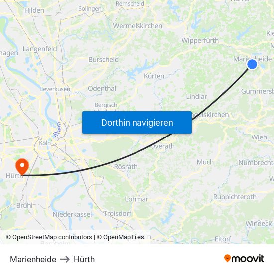 Marienheide to Hürth map