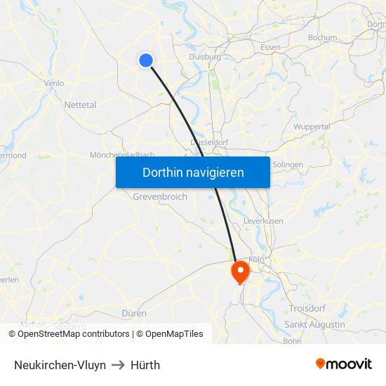 Neukirchen-Vluyn to Hürth map