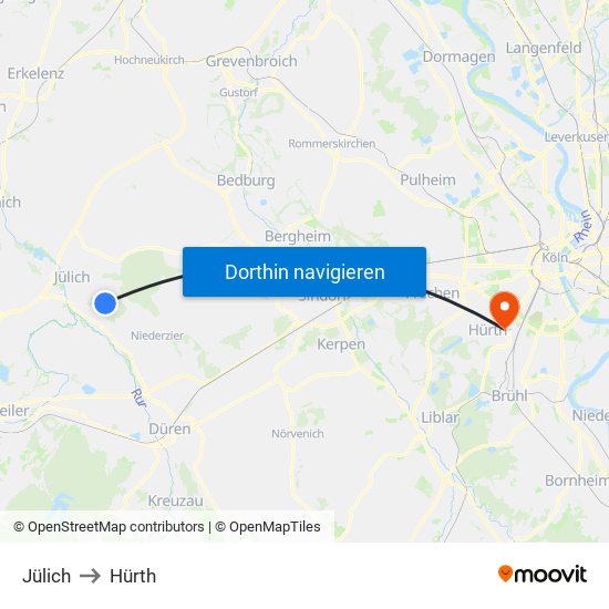 Jülich to Hürth map