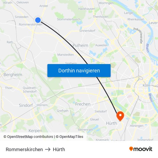 Rommerskirchen to Hürth map