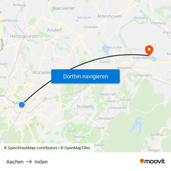 Aachen to Inden map