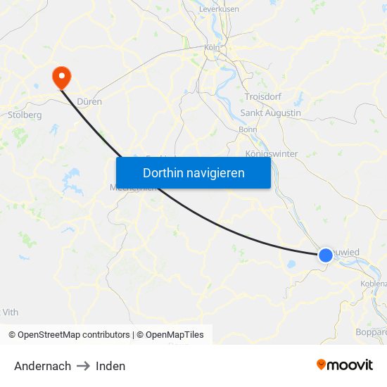 Andernach to Inden map