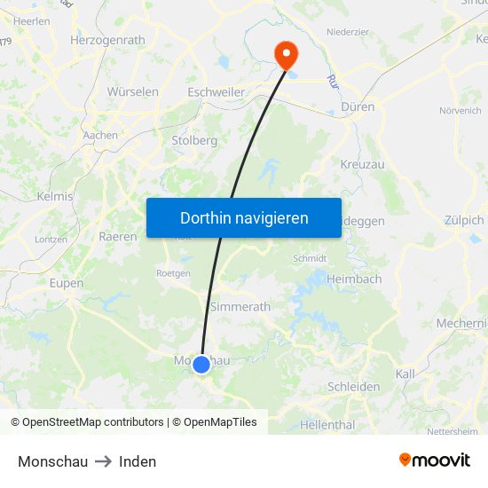 Monschau to Inden map