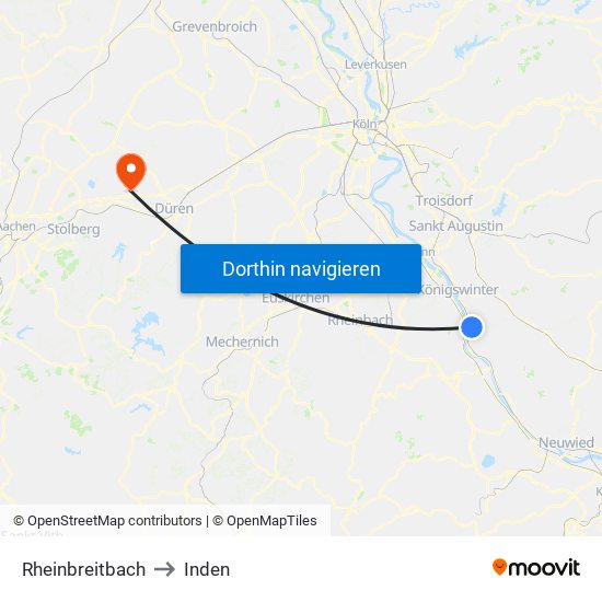 Rheinbreitbach to Inden map