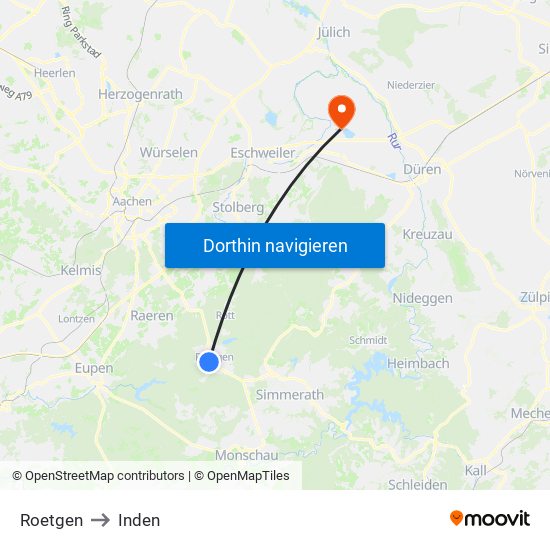 Roetgen to Inden map