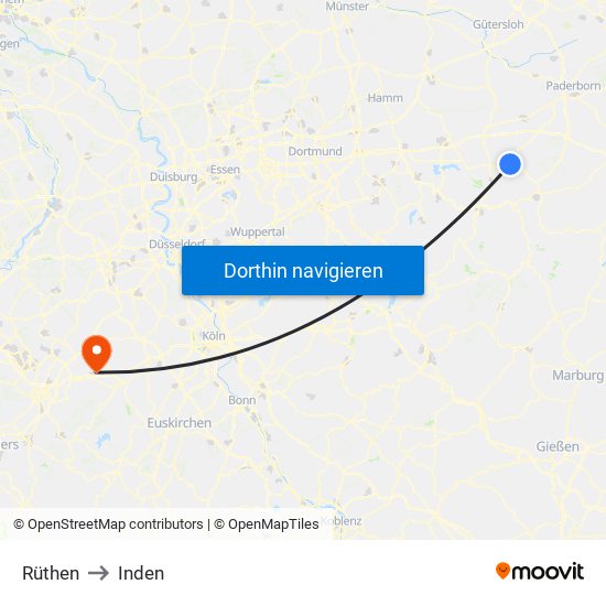 Rüthen to Inden map