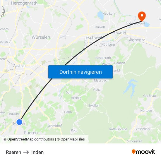 Raeren to Inden map
