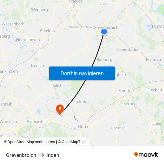 Grevenbroich to Inden map