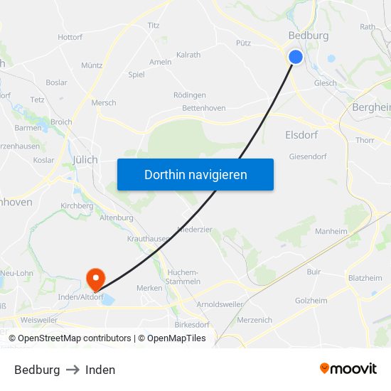 Bedburg to Inden map