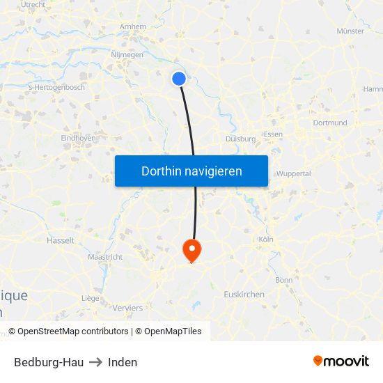 Bedburg-Hau to Inden map