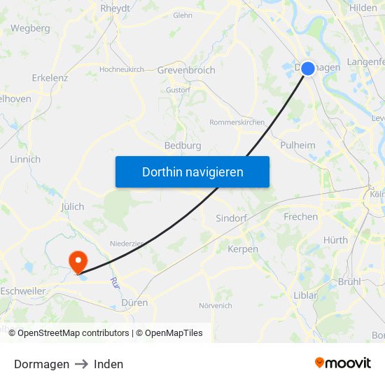 Dormagen to Inden map