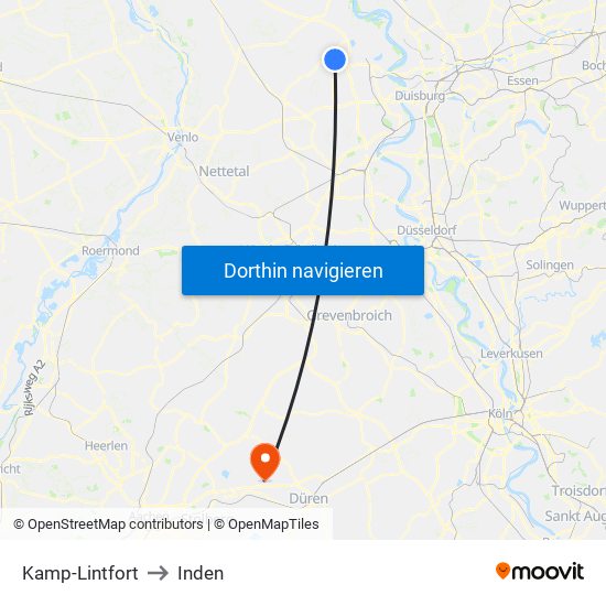 Kamp-Lintfort to Inden map