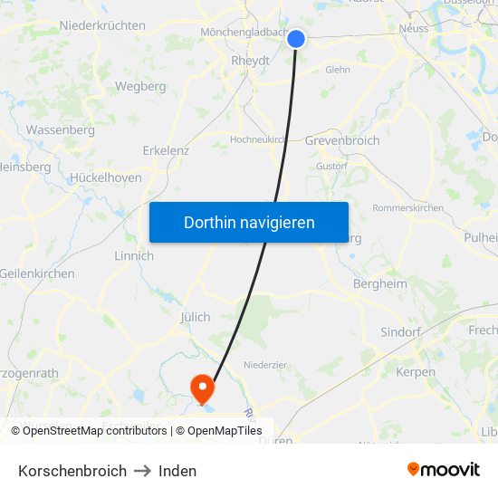 Korschenbroich to Inden map