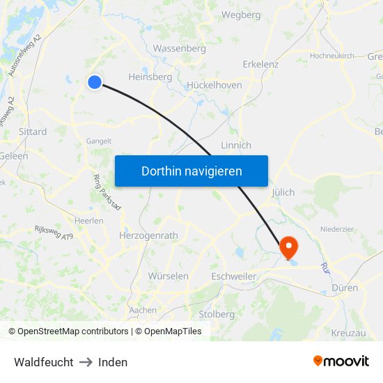 Waldfeucht to Inden map