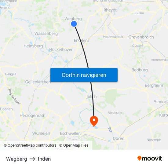 Wegberg to Inden map