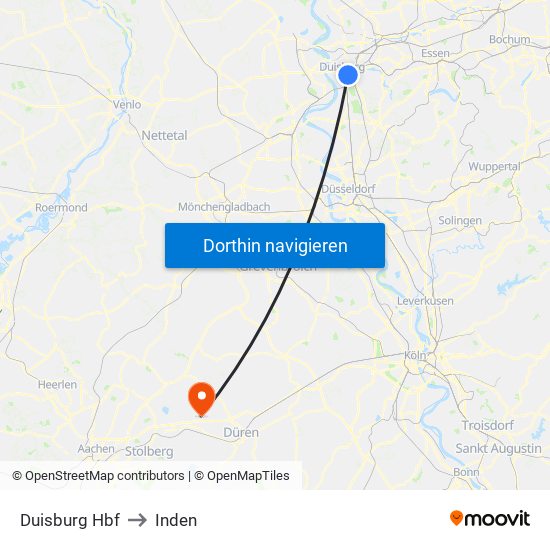 Duisburg Hbf to Inden map