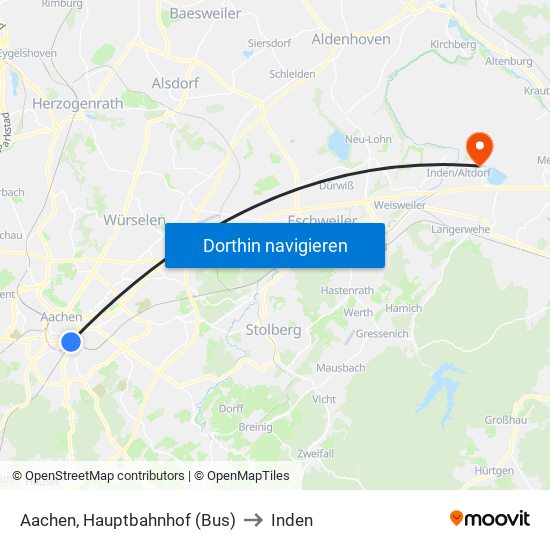Aachen, Hauptbahnhof (Bus) to Inden map