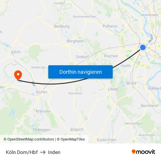 Köln Dom/Hbf to Inden map