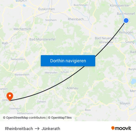 Rheinbreitbach to Jünkerath map