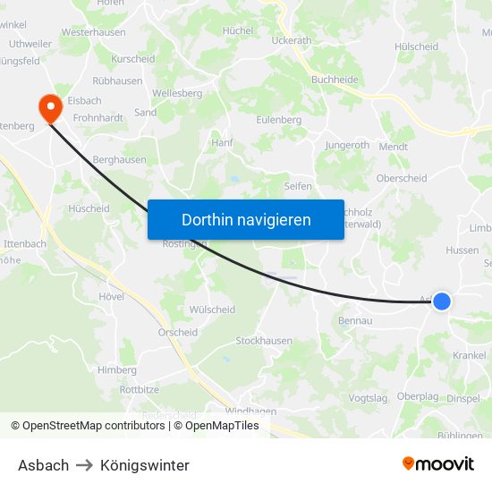 Asbach to Königswinter map