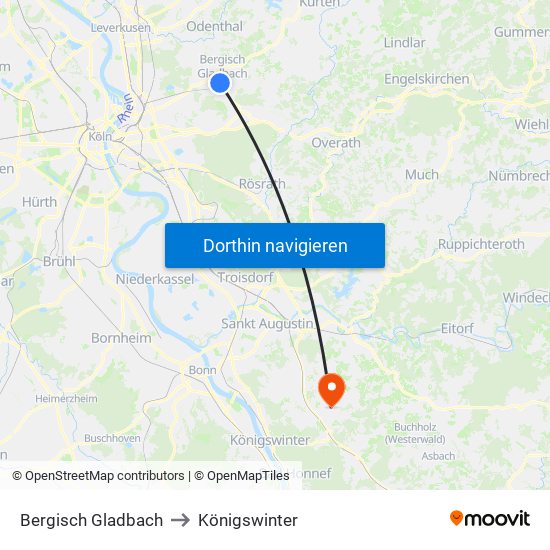 Bergisch Gladbach to Königswinter map