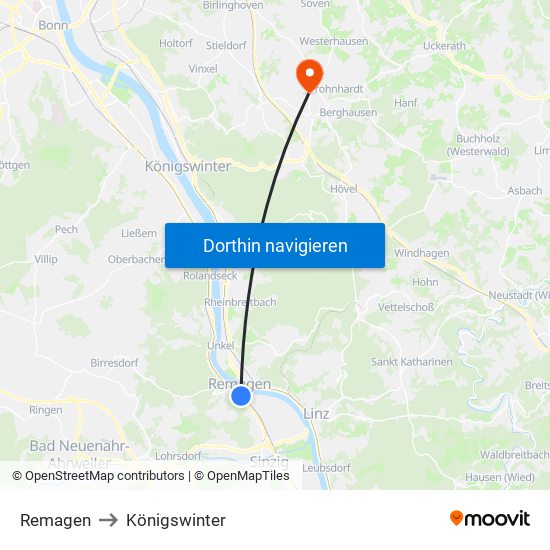 Remagen to Königswinter map